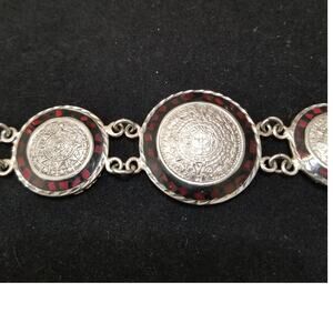 Vintage - Mexico Sterling Silver Red Inlay Sets 8" long 1.5" Round Largest - EUC